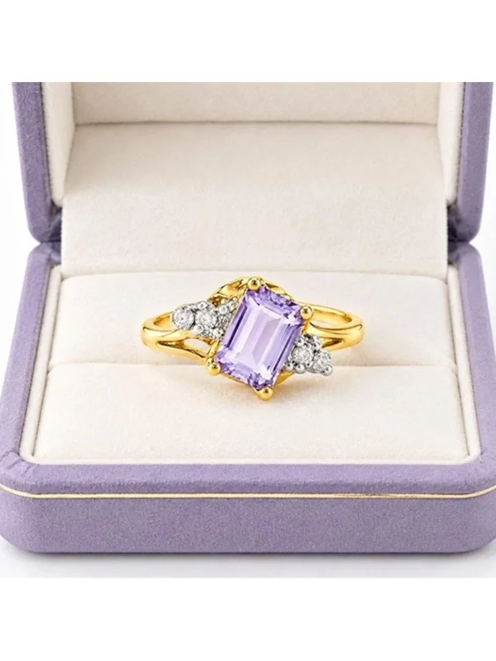 Genuine 1.46 Cts Amethyst & Diamonds Ring 10k Yellow Gold